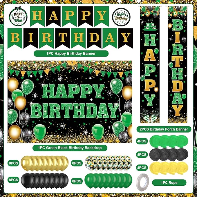 48Pcs Green and Black Birthday Decorations Black Green Gold Happy Birthday Party Supplies Happy Birthday Banner Backdrop Balloons Hanging Swirls for Women Men Boy Girls Birthday St. Patrick Day Party