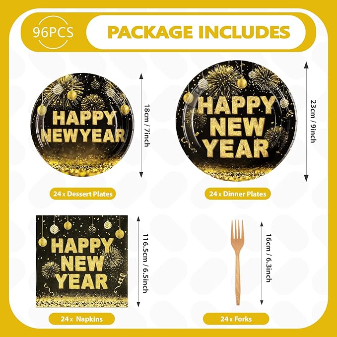 Grencian 96 PCS New Years Eve Party Supplies 350 GSM Black and Gold Happy New Year Tableware Set 2025 Disposable New Years Eve Paper Plates and Napkins for 2025 New Year Party Decorations Serves 24