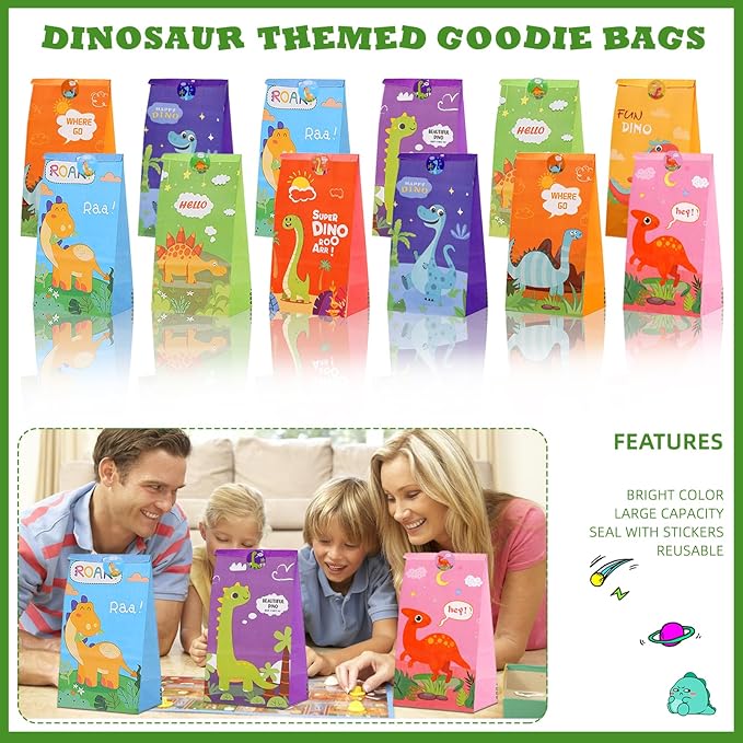 144 Pcs Dinosaur Party Favors for 12 Kids - Dino Birthday Party Supplies Include Bubble Wands, Hatching Eggs, Art Kit, Silicone Rings, Bracelets, Stickers