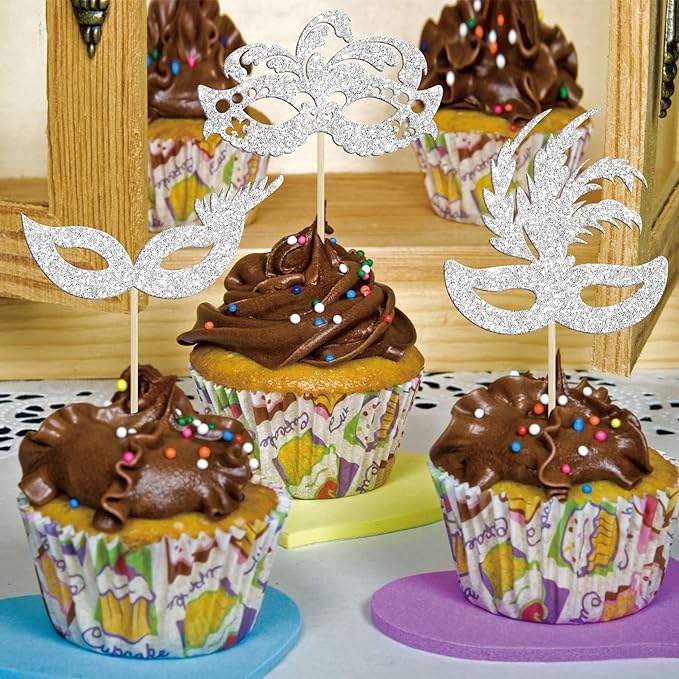 Gyufise 24Pcs Masquerade Masks Cupcake Toppers Silver Glitter Bachelorette Mask Cupcake Topper Mask Cake Picks Decorations for Masquerade Mardi Gras Party Baby Shower Birthday Party Supplies