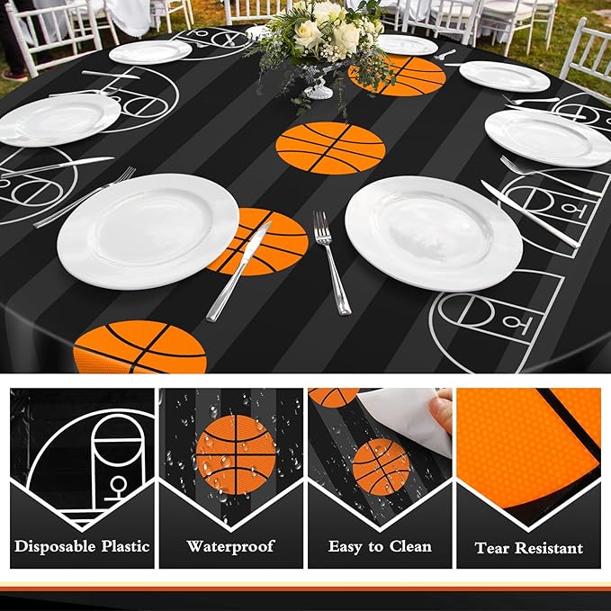 1 Pack Round Basketball Tablecloth 84 Inch Plastic Basketball Party Decorations Disposable Table Cloth Washable Disposable Circle Table Cover for Birthday Party Supplies Decoration