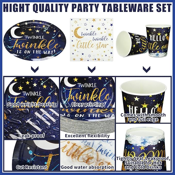 200 Pcs Twinkle Twinkle Little Star Baby Shower Paper Plates Napkins Cups Baby Shower Party Supplies Tableware Set Navy Blue Disposable Cup Napkin for 50 Guest Girls Spring Party Decoration