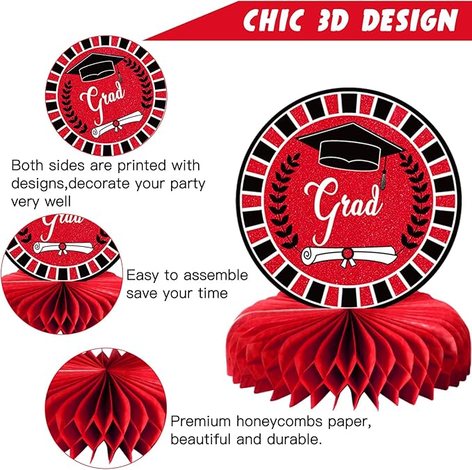 10PCS Graduation Party Decorations Class of 2026 Congrats Grad Table Centerpieces Congratulate Graduation Honeycomb Table Toppers for Graduation Party Supplies(Red Black)