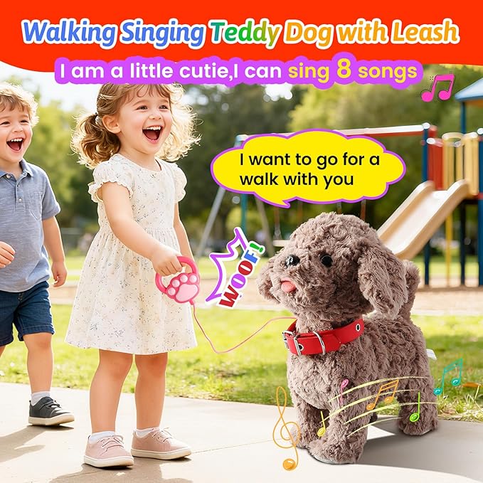 Teddy Walking Barking Dog Toy Singing Puppy Set, Repeat What You Say Teddy with Control Leash Electronic Dog, Touch or Voice Control Realistic Robot Musical Dancing Animated Plush Pet for Toddler