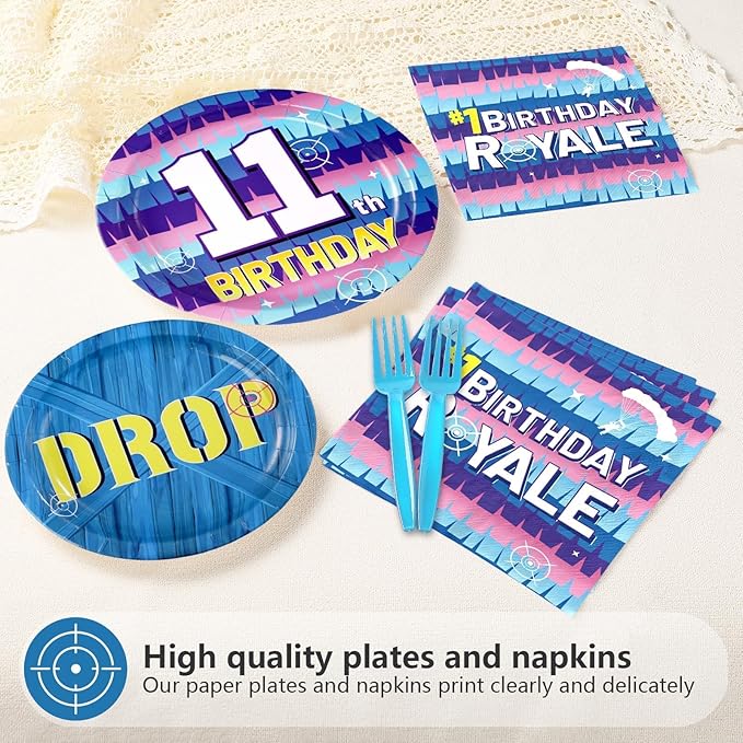 96Pcs 11th Video Game Birthday Party Supplies Happy 11th Game Theme Plates and Napkins Disposable Blue Drop Tableware Set for 11 Year Old Kids Boys Birthday Decorations Serves 24