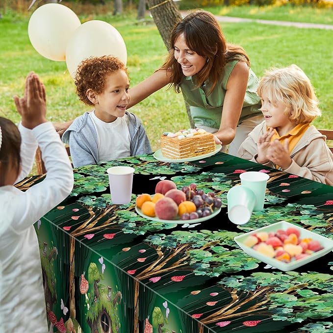 Table Cover Party Decor - 3 Packs Forest Theme Fairy House Disposable Plastic Rectangle Table Cloth Birthday Wedding Baby Shower Holiday Home Party Favors Decorations Supplies 54x108 Inch