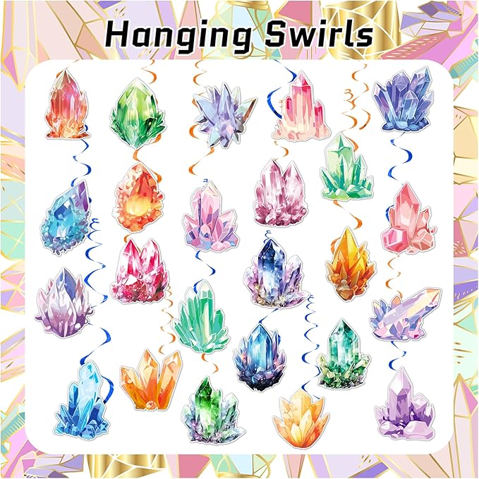 24 PCS Crystal Hanging Swirl Decorations Crystal Ceiling Streamers Hanging Decorations Geology Crystal Party Decorations for Crystal Birthday Party Supplies Baby Shower Decorations