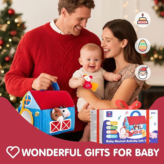 hahaland Baby Toys 6-12 Months - Surprise Barn with Stuffed Farm Animals with Real Sounds - Montessori Toys for 6 Month Old Baby 1 Year Old Boy Girl Gifts Toddlers Sensory Toy Easter Basket Stuffers