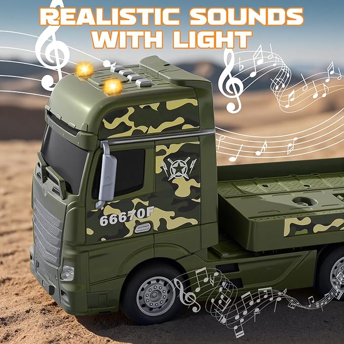 Green Military Large Truck Toys,21" Semi Army Truck Toy with Helicopters & Tank, Friction Powered Vehicles with Lights and Sounds,Christmas Birthday Gift for Kids Boys Girls Toddlers 3 4 5 6 7