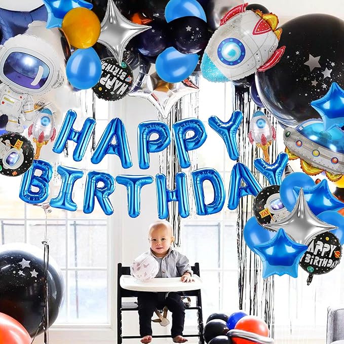 Space Birthday Decorations UFO Astronaut Rocket Balloons, Aluminium Foil Happy Birthday Banner Outer Space Themed Party Supplies for Boys Kids