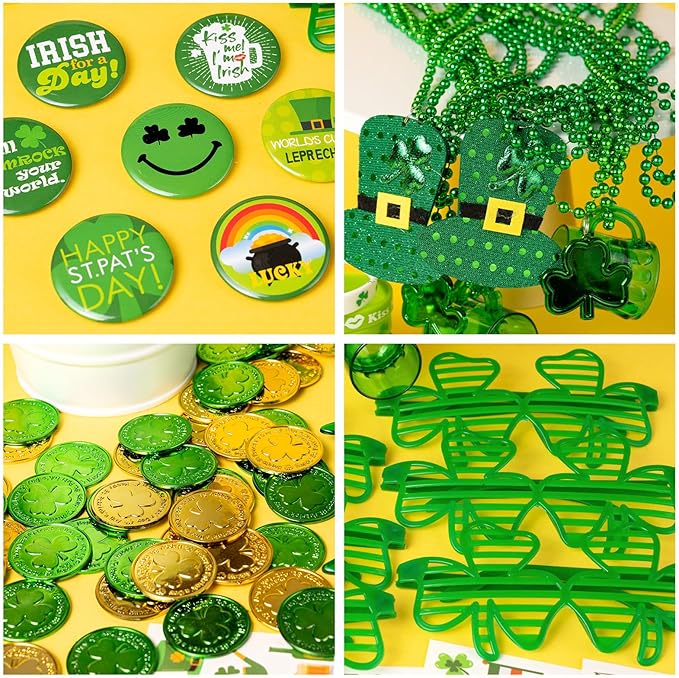 188Pcs St. Patrick's Day Accessories Party Favor Set, Necklaces, Shamrock Glasses, Mustaches, Bracelets, Badges, Tattoo Stickers, Coins for Irish Party Supplies