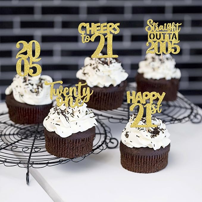 30PCS Happy 21st Birthday Cupcake Toppers Gold Glitter Twenty One Straight Outta 2005 Cupcake Picks Cheers to 21 Years Cake Decorations for 21st Birthday Anniversary Party Decoration Supplies