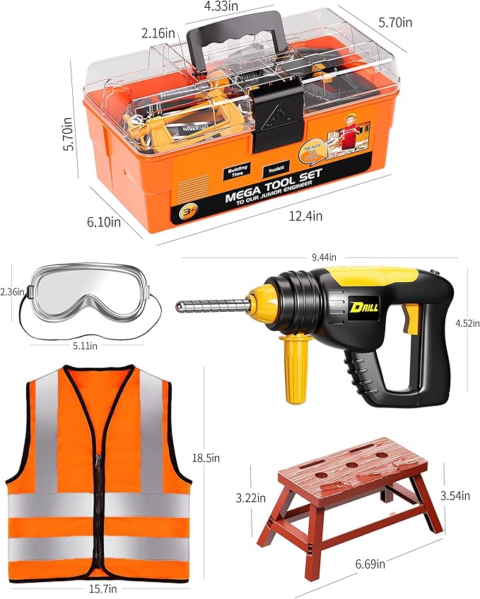 Deejoy Kids Tool Set with Electronic Toy Drill & Construction Vest - Pretend Play Toys for 3 4 5 6 Year Old Boys, ABS Plastic Repair Toolkit with Large Storage Box(Orange)