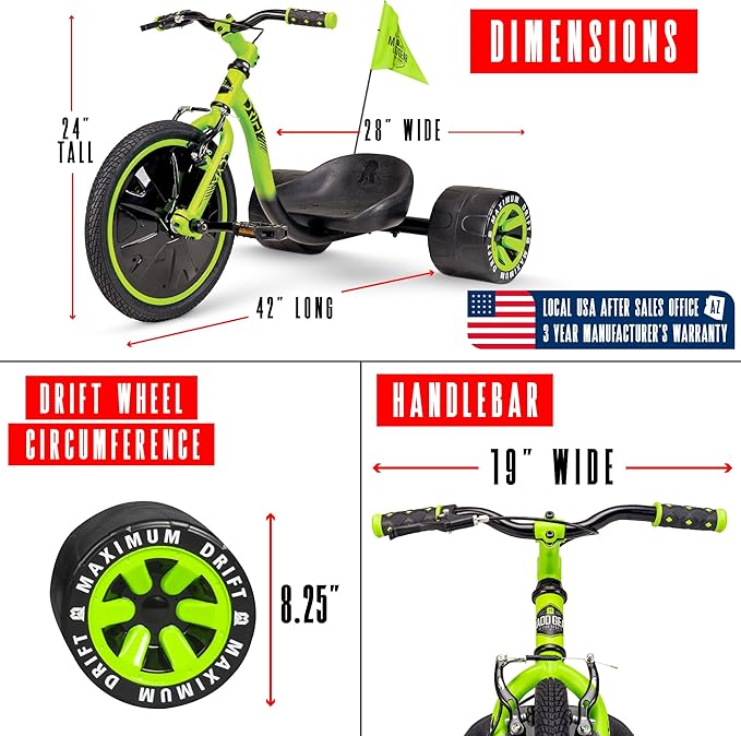 Drift Trike for Kids Ages 5+ – 16" Front Wheel Ride-On with Adjustable Seat, Steel Frame, Rear Slick Drift Wheels & Safety Flag – Madd Gear