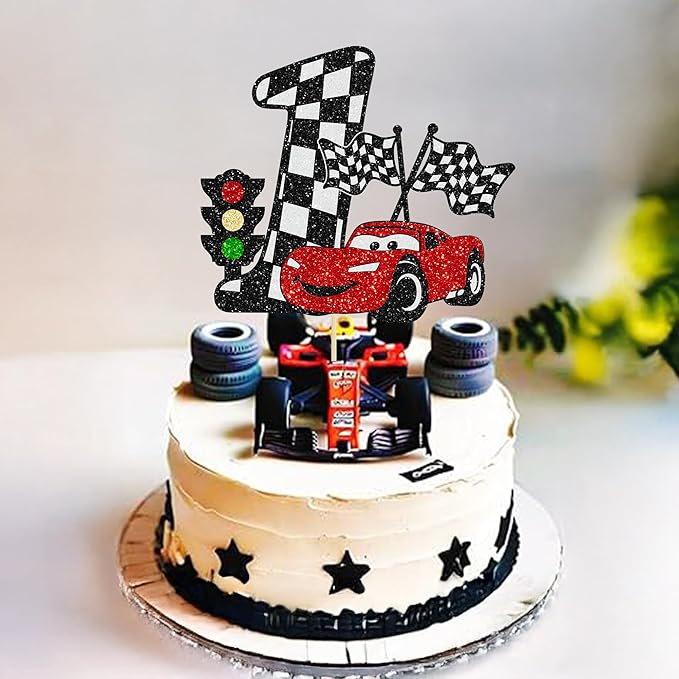 Gyufise 1Pc Car Cake Topper Race Car First Birthday Cake Decorations for Racing Car Checkered Flag Themed Kids Boy Girl Happy Birthday Party Supplies