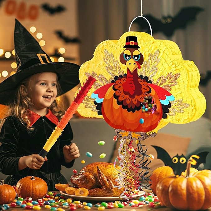 WERNNSAI Thanksgiving Turkey Piñata - Fall Autumn Decorations Gentle Turkey Piñata Orange Thanksgiving Party Games Autumn Decorations for Home Fall Festival Party Favors with Blindfold
