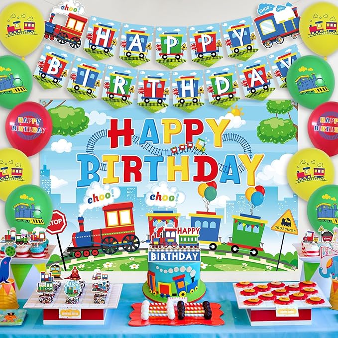 Train Party Decorations , Includes Happy Birthday Banner, Cake Toppers, Birthday Backdrop, Train Stickers, Balloons, Honeycomb Centerpieces, for Train Party Vehicle Party Supplies