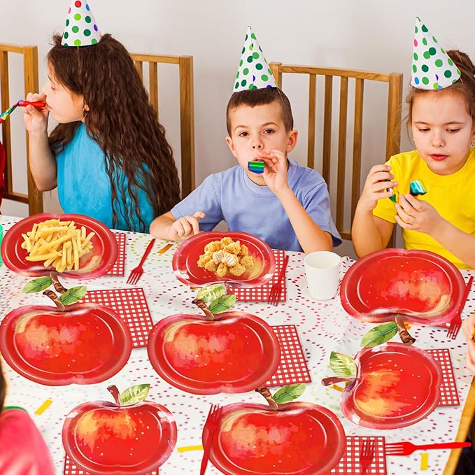 96Pcs Watercolor Apple Paper Plates Apple Birthday Party Supplies Red Gingham Napkins and Forks Fruit Themed Disposable Dinnerware for Back to School Classroom Kindergarten Home Party Serves 24