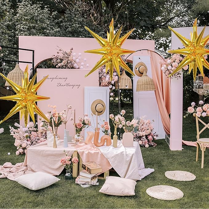 6 Pcs Gold Star Foil Balloons One-Piece 14-Pointed Star Balloon 4D Starburst Cone Mylar Balloon 22inch Christmas Birthday Wedding Wedding Anniversary Party Supplies(Gold)