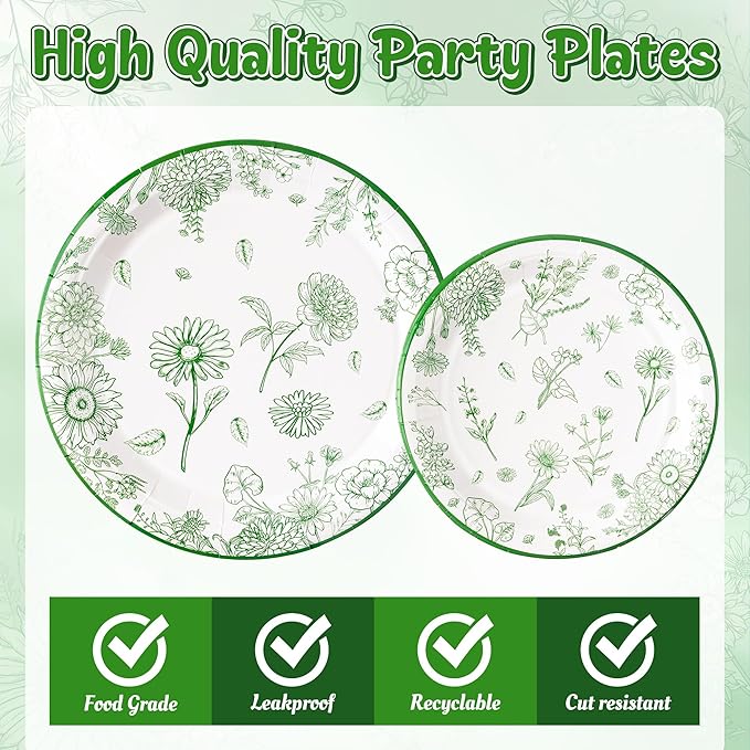 96Pcs Sage Green Floral Party Plates Supplies Green White Flower Wildflower Tableware Decorations Disposable Paper Plates Napkins Forks for Birthday Spring Summer Party Wedding, Serves 24