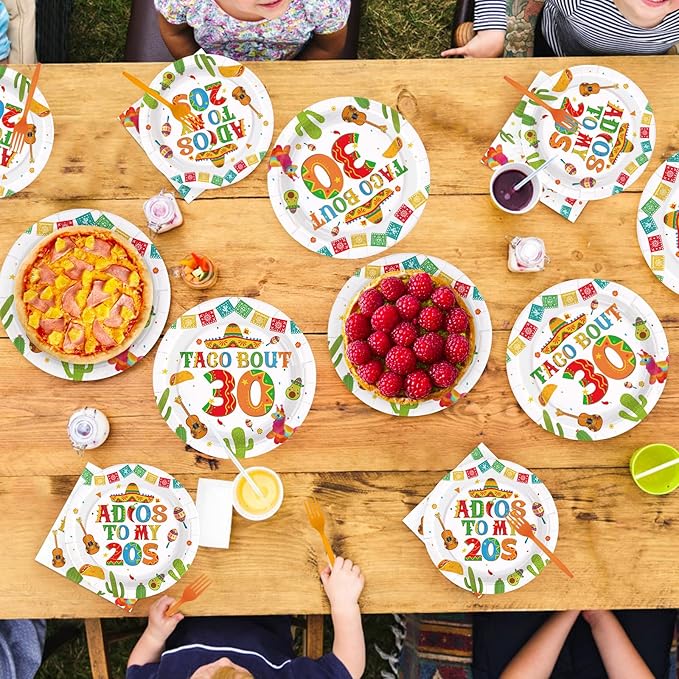 96Pcs Taco 30th Birthday Party Supplies Mexican Fiesta Adios To My 20s Plates and Napkins Disposable Mexican Tableware Sets for Adults Cinco De Mayo 30 Years Old Birthday Decorations,Serves 24