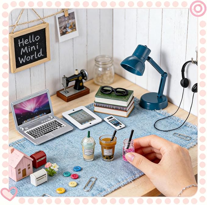 12Pcs Dollhouse Miniature Laptop Computer Tablet Phone Lamp Book Glasses Coffee Headset Simulation Accessories 1/12 1/6 Toy Pad Play Set Fits Barbie Doll Girl Mini Drink Party Office (Bule)