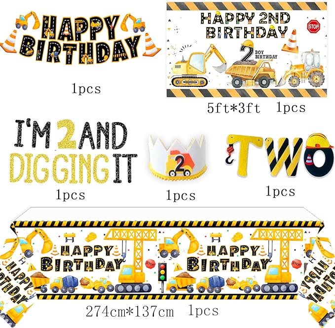 Construction Birthday Party Supplies for 2 Year Old Boy, 2nd Birthday Decorations For Boys, include- Backdrop, Cake, and Cupcake Toppers, Balloons, Cupcakes Wrappers, Banner