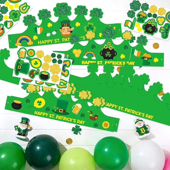 Hedeey 24 Pack St. Patrick's Day Crown Crafts Shamrock Paper Clover Crown Hat with Stickers forIrish St Patricks Holiday Craft Activity Party Favors Supplies