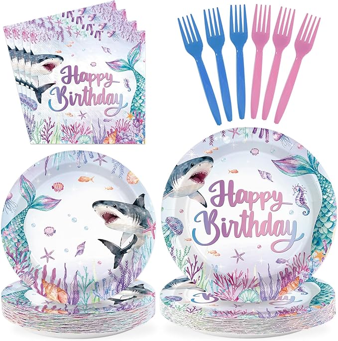 96Pcs Mermaid Shark Happy Birthday Decorations Ocean Sea Plates and Napkins Disposable Mermaid Shark Bday Paper Tableware for Girls Baby Kids Boys Birthday Baby Shower Bday Party Supplies Serves 24