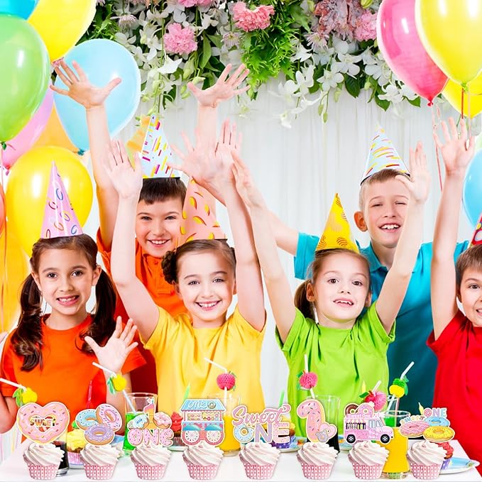 24 PCS Donut Sweet One Birthday Party Decorations, Donut Party Cupcake Topper Decorations for Girls 1st Birthday Party Baby Shower Supplies