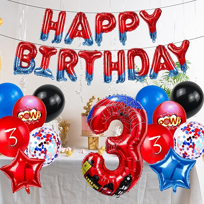 Cartoon Hero 40 Inch Red and Blue Spider Theme Number Foil Birthday Decoration Balloon, Spider Theme Happy Birthday Banner Party Decoration Balloon, Letter Logo Superhero Party Supplies (3)