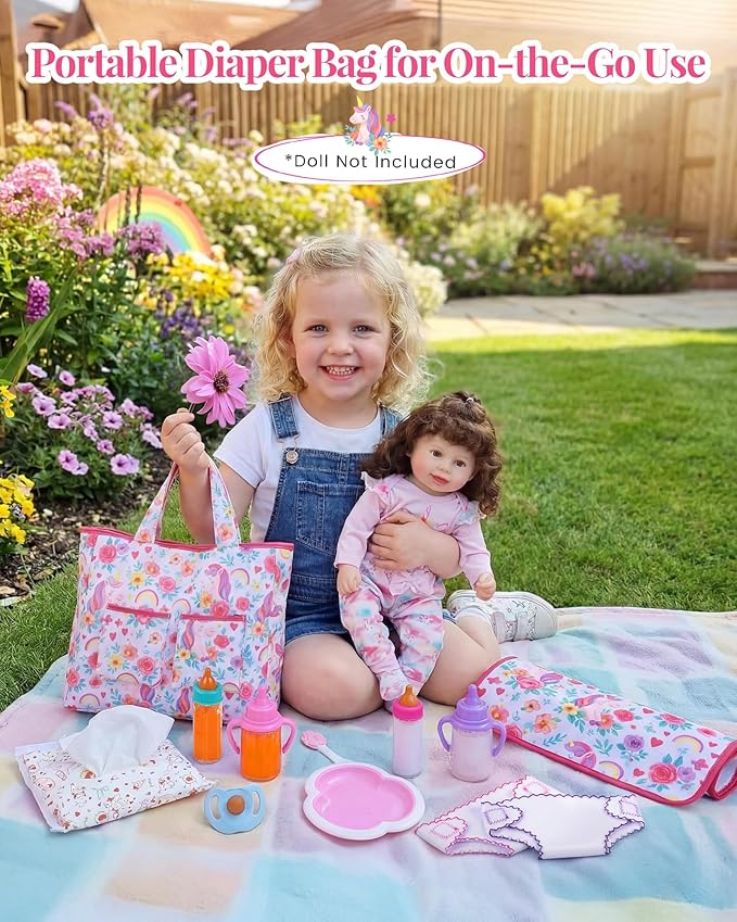 BABESIDE 14 Pcs Baby Doll Diaper Bag Set with Magic Bottles, Baby Doll Accessories Includes Changing Mat, Diapers and Bottle with Disappearing Milk for 12-16 Inches Dolls Kids Gift