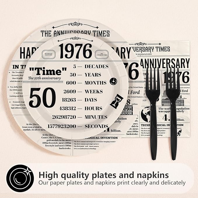 96Pcs 50th Anniversary Party Decor Vintage Back in 1976 Plates and Napkins Black White 50th Disposable Paper Tableware Set for Men Women Wedding Anniversary Birthday Party Supplies Serves 24