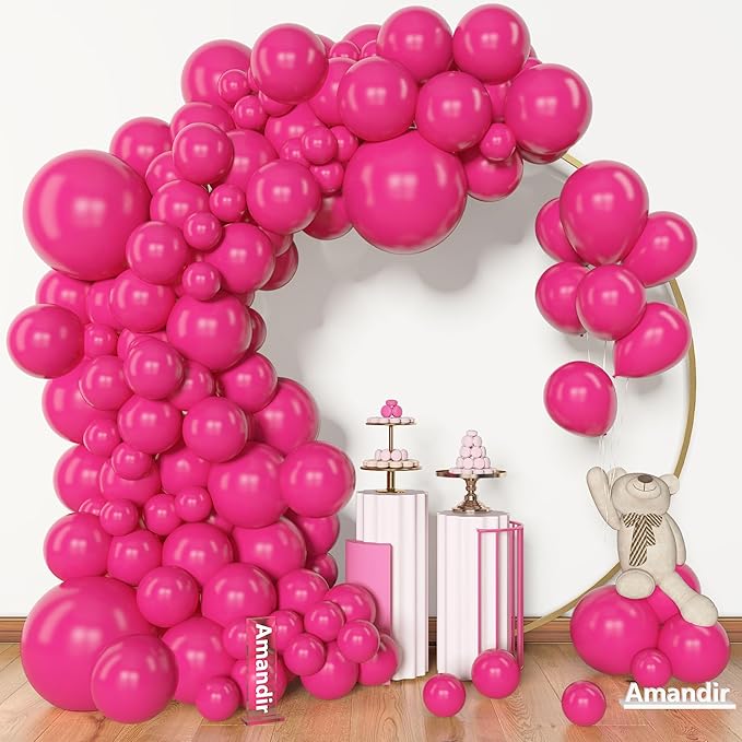 Amandir 153 Pcs Hot Pink Balloons Arch Garland Kit, Different Sizes 18 12 10 5 Inch Hot Pink Latex Balloon for Valentine's Day Wedding Anniversary Baby Shower Princess Birthday Party Decorations