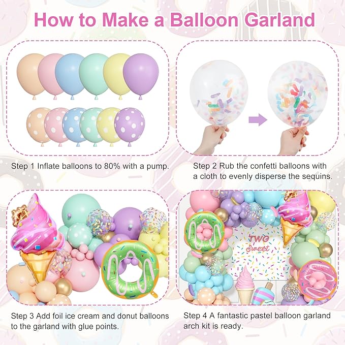 Pastel Donut Balloon Arch Garland Kit, 162pcs Donut Two Sweet One Birthday Party Supplies Girl Pastel Sprinkle Confetti Candy Ice Cream Foil Balloons for First Birthday Party Baby Shower Decorations