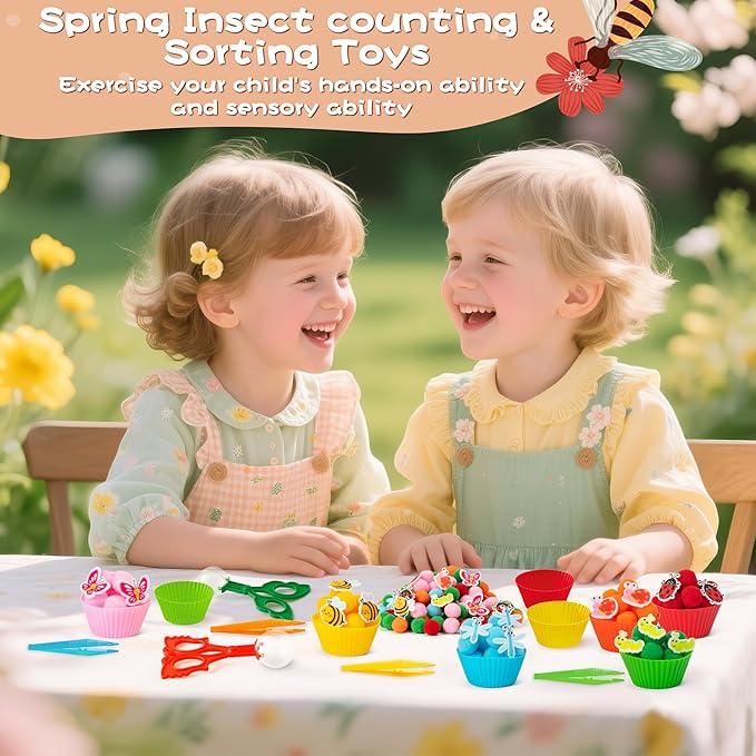 EZdhuawuse Spring Insects Sensory Bin Fillers - 321P Spring Bee Fine Motor Toys Counting Sorting for Easter Gift, Counting Toy with Felt Butterfly Pom Pom Cup Clip for Preschool Education Activities