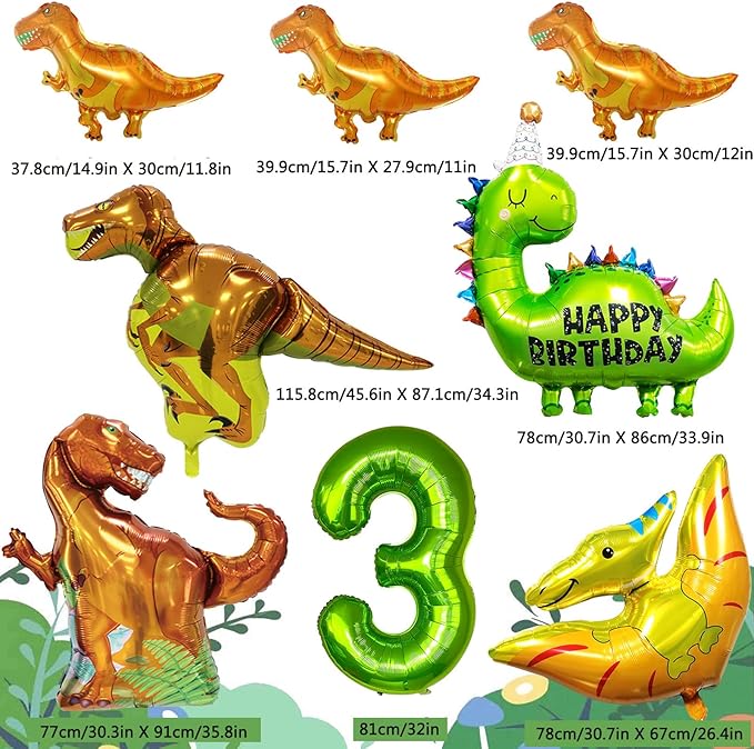 Dinosaur Birthday Party Supplies for Boys and Girls - Decorations Include Foil Balloons, Banner, Cake Topper - 3 Year Old Theme