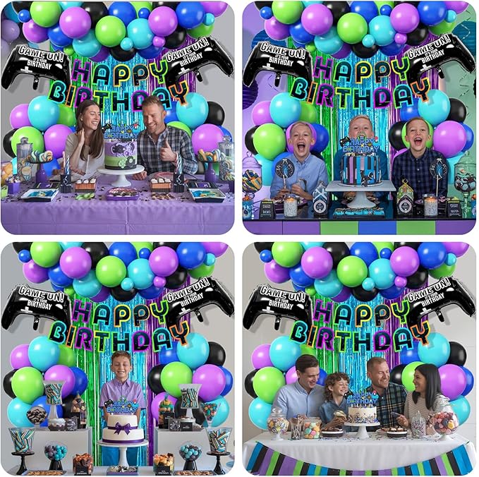 Video Game Birthday Decorations for Boys, Purple Blue Green Black Latex Balloons Gaming Controller Foil Balloons Happy Birthday Banner Fringe Curtain Cake Topper for Kids Boy Game Night Party Decor