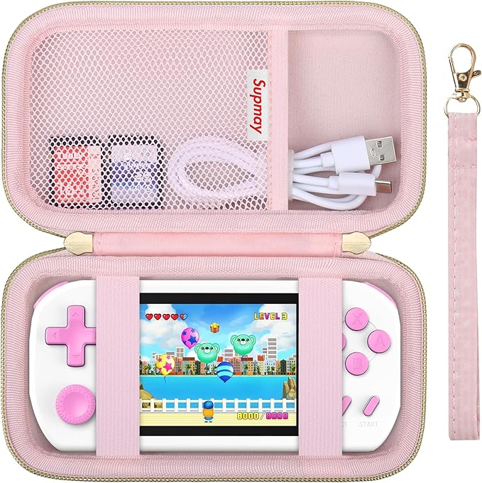 Supmay Carrying Case Compatible with CCTU / TEBIYOU Kids Handheld Games Preloaded 218 Retro Video Games, Portable Gaming Electronic Toys Storage Holder Travel Bag with Mesh Pocket for USB Cable, Pink