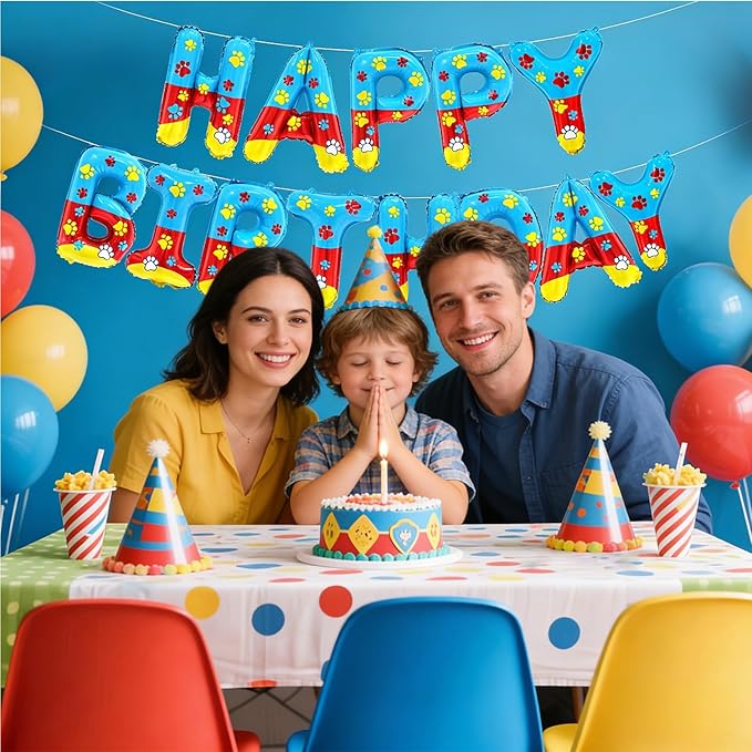 YIIHMEI Cartoon Dog Paw Print Happy Birthday Banner Party Decorations Balloons with Yellow Blue and Red Style Letters Signs Party Supplies for Kid's