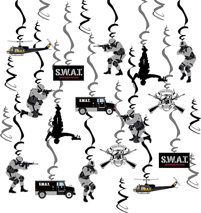 SWAT Theme Hanging Swirl Birthday Party Decors Special Forces Party Dizzy Danglers Military Ceiling Streamers Party Supplies for Adults Pretend Play Role Play Party Birthday
