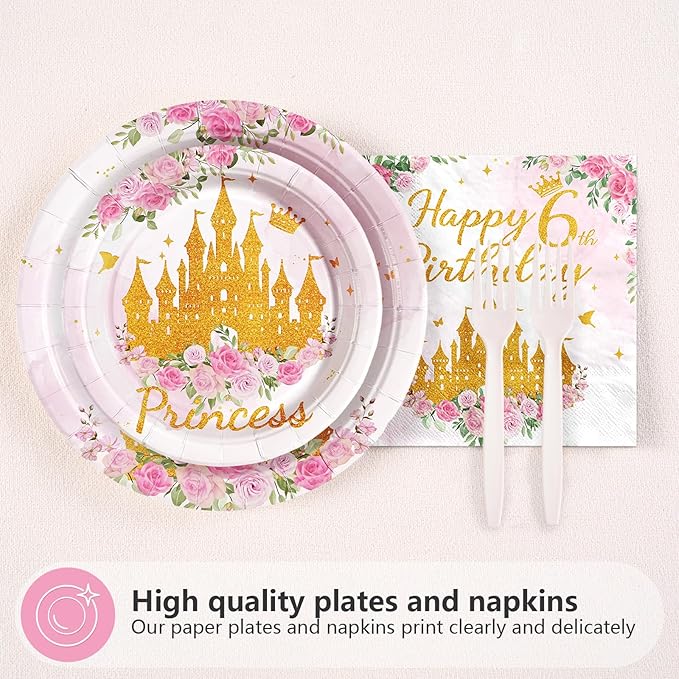 96Pcs Princess Birthday Party Supplies Princess 6th Birthday Party Plates and Napkins Disposable Pink Gold Pastel Castle Tableware Set for Girl Six Years Old Fairytale Decorations Serves 24