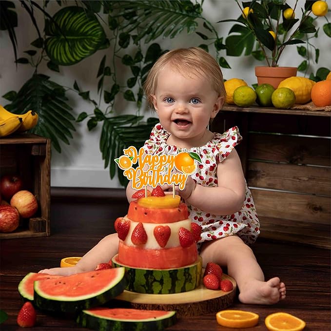 Orange Happy Birthday Cake Topper – Fresh Fruit Theme Cake Decoration for Birthday Celebration, Orange Inspired Dessert Topper for Party Cakes, Table Display Styling, Photo Setup.