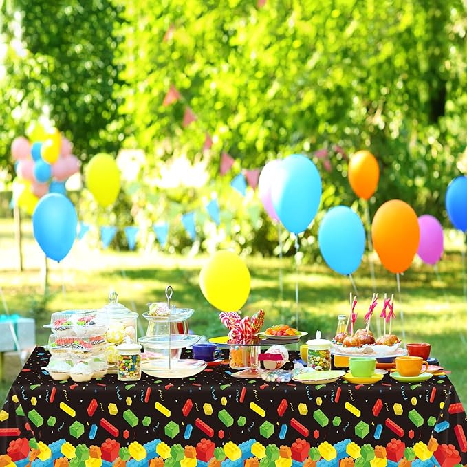 chiazllta 3 Pcs Building Blocks Tablecloth 105 x 54 inches - Building Blocks Theme Party Decorations Disposable Plastic Table Cover for Children Kids Birthday Party Decor Supplies Favors (Black)