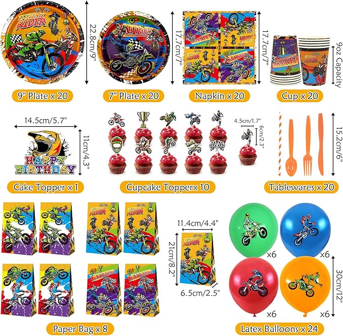 Dirt Bike Party Supplies, Includes Happy Birthday Backdrop, Plate, Napkin, Cups, Cake Toppers, Gift Bags, Tablecloth, for Kids Boys Girls Motorcycle Extreme Sports Theme Birthday Decorations Serve 20
