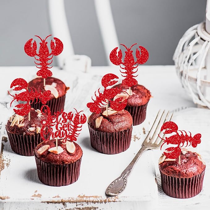 24 Pack Crawfish Cupcake Toppers Red Glitter Lobster Cupcake Picks Let's Get Cray Bachelorette Sea Animal Theme Baby Shower Kids Birthday Party Cake Decorations Supplies Red