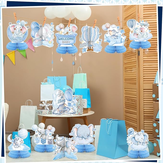 12 Pcs Blue Elephant Honeycomb Baby Shower Decorations Table Centerpieces Balloons Star Moon Elephant Table Topper Decoration for Gender Reveal Birthday Party Favors Supplies