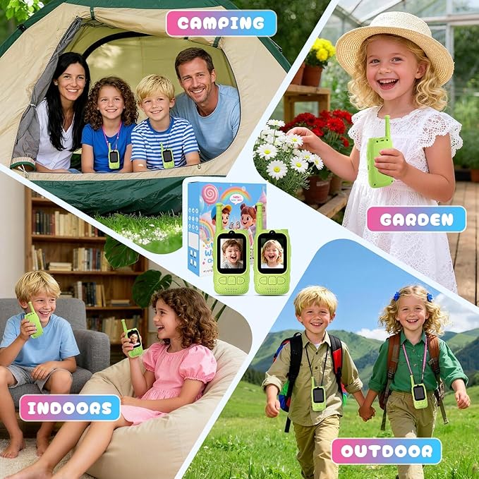 Kids Audio/Video Walkie Talkies, 2 Pack Rechargeable Walkie Talkies for Kids with 2’’ Screen & Camera & Voice Changer, Long Range Boys Girls Toys for Indoor Outdoor Camping Hiking Games (Green/Green)