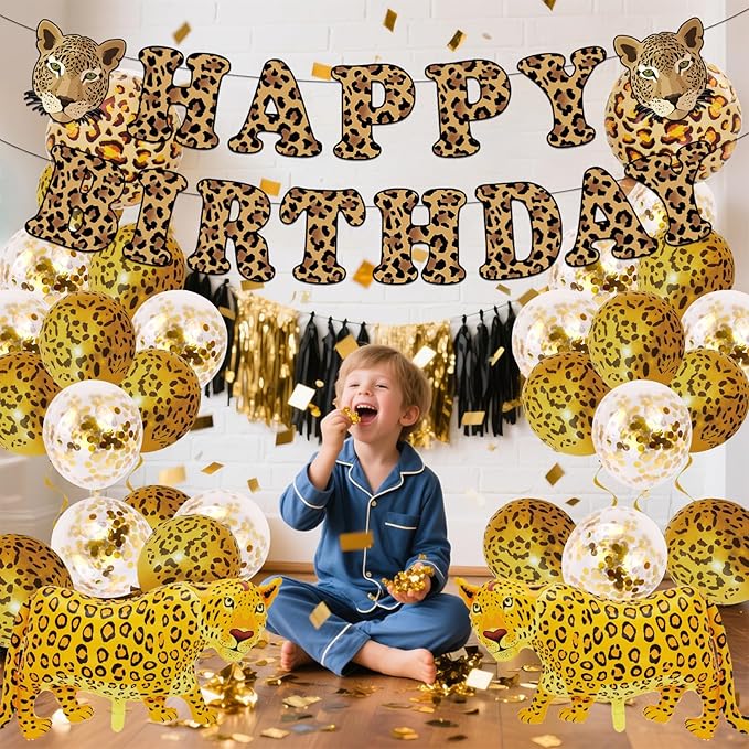 21 Pcs Cheetah Birthday Party Decorations Leopard Happy Birthday Banner Cheetah Gold Balloons Leopard Balloons for Boy Girl Baby Shower Party Supplies