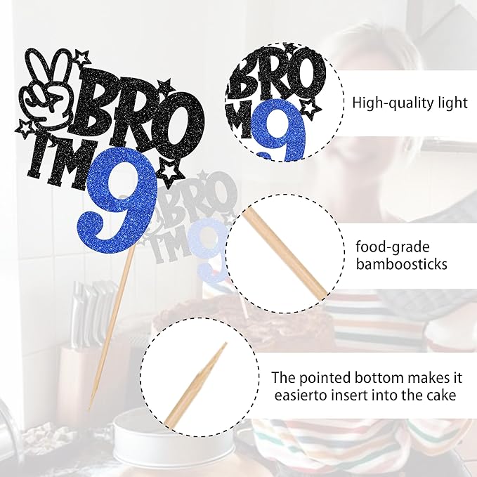 1 PCS Brother I'm 9 Cake Topper Glitter Star Happy 9th Birthday Cake Pick Bro I'm 9 Cake Decoration It's My 9th Birthday Decorations for Boys Cheers to 9 Years Old Birthday Party Supplies Blue